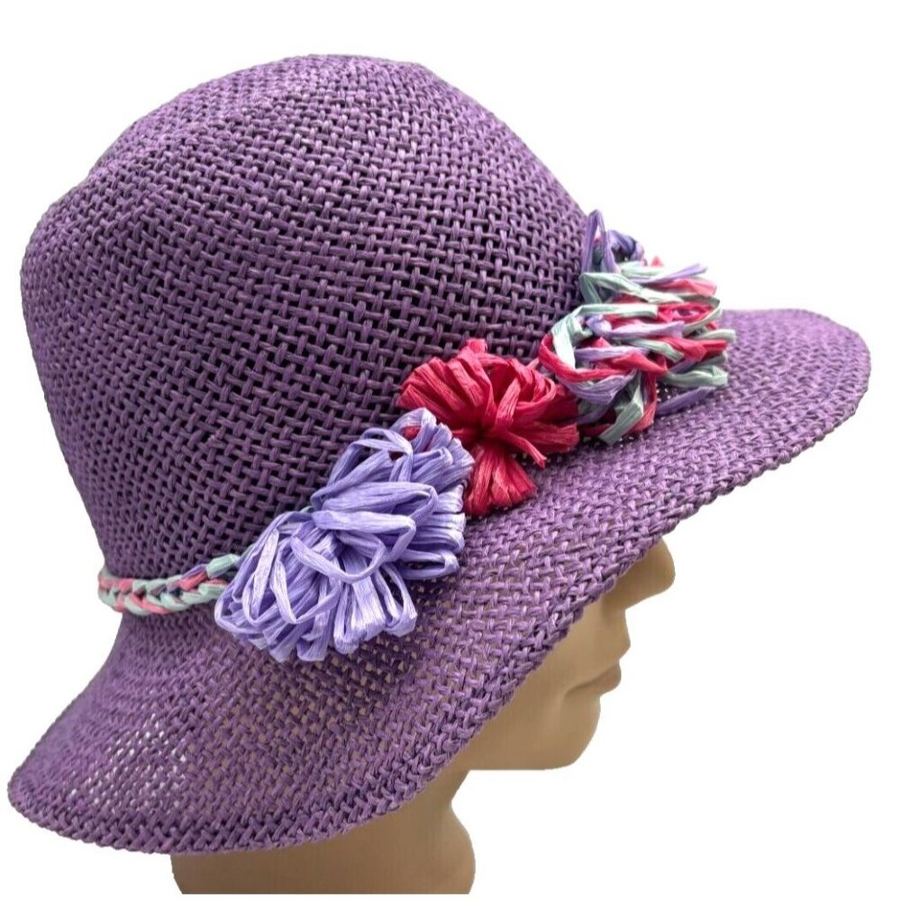 Inverni Hat Purple Raffia Flower Trim Sun Beach Garden Party Floppy Italy
